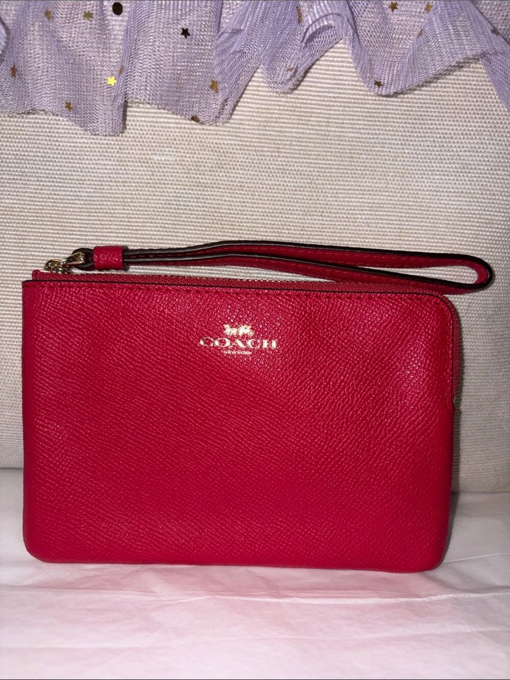 Coach Red/Pink Leather Wristlet Pouch with Gold Logo